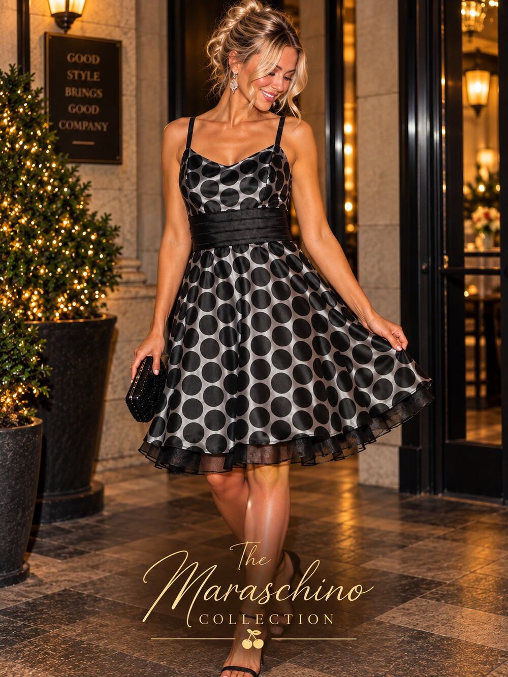 Vintage Y2K Polka Dot Satin Cocktail Dress Black Gray Party Fit & Flare Size 14